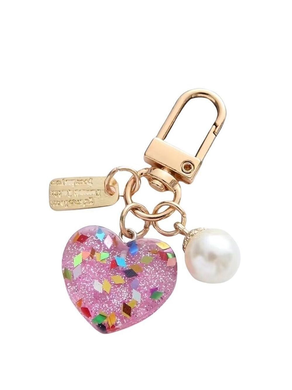 NEW Pink Glitter Heart Pearl Gold Bag Charm Key Ring Accessory